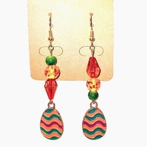 HANDMADE Green, Orange, & Red Easter Egg Beaded Charm Dangle Earrings for Spring